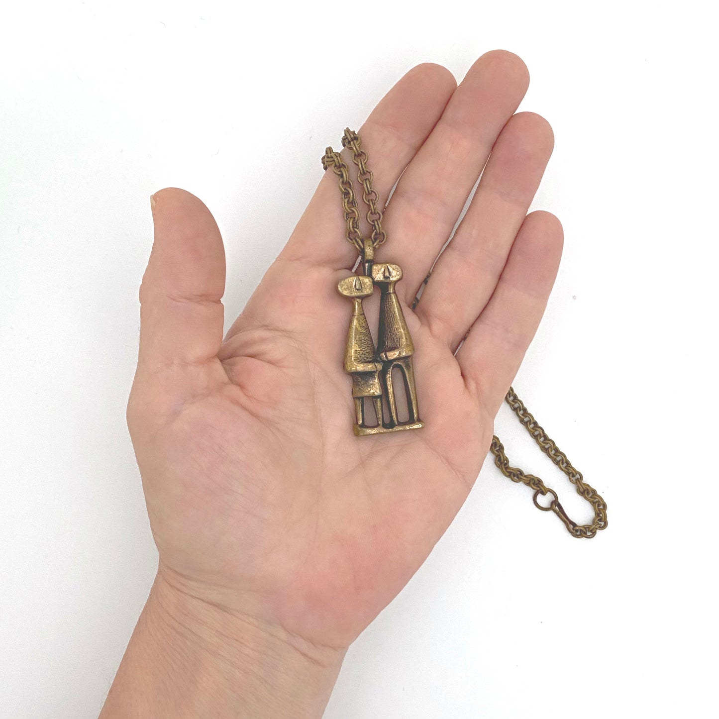 scale Jorma Laine Finland vintage bronze confidants people pendant necklace Scandinavian Modernist jewelry design