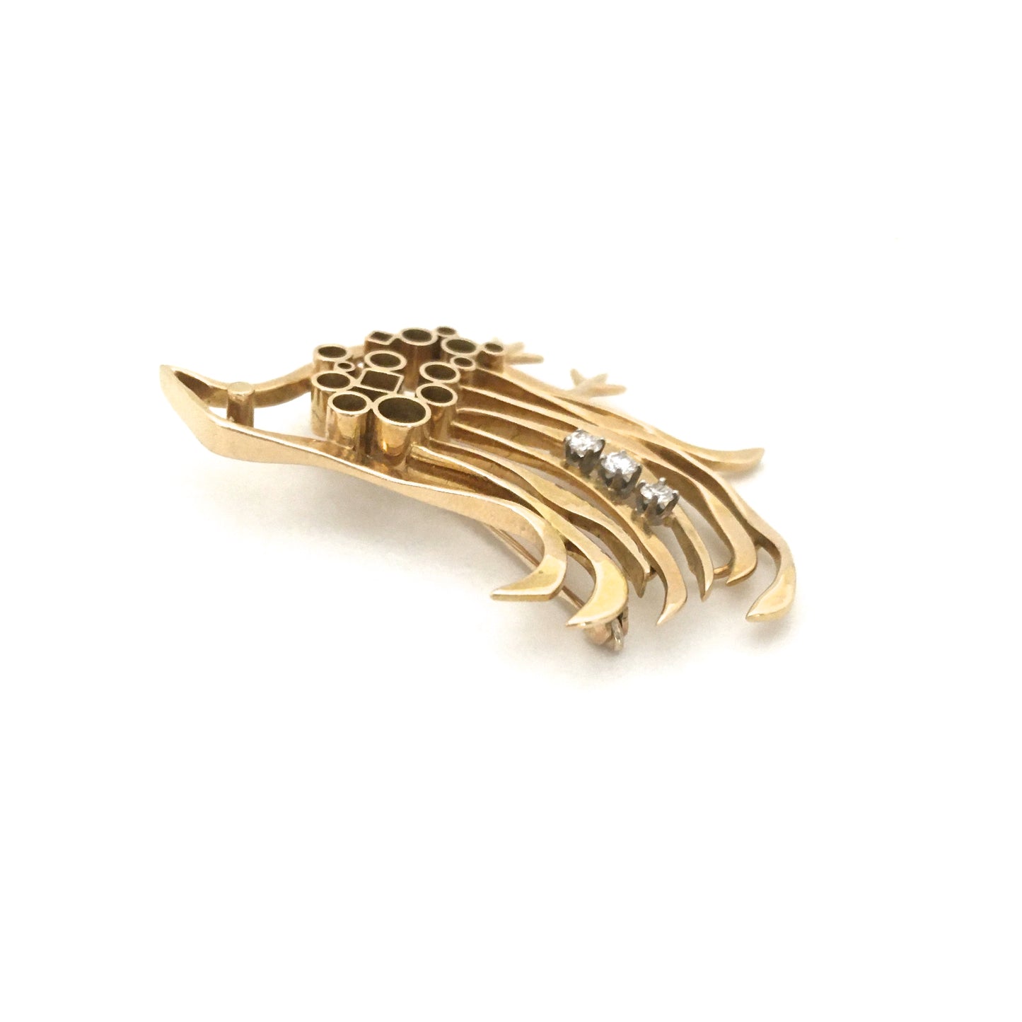 detail setting Walter Schluep Canada vintage 18k gold diamond bird brooch Canadian Modernist jewelry design