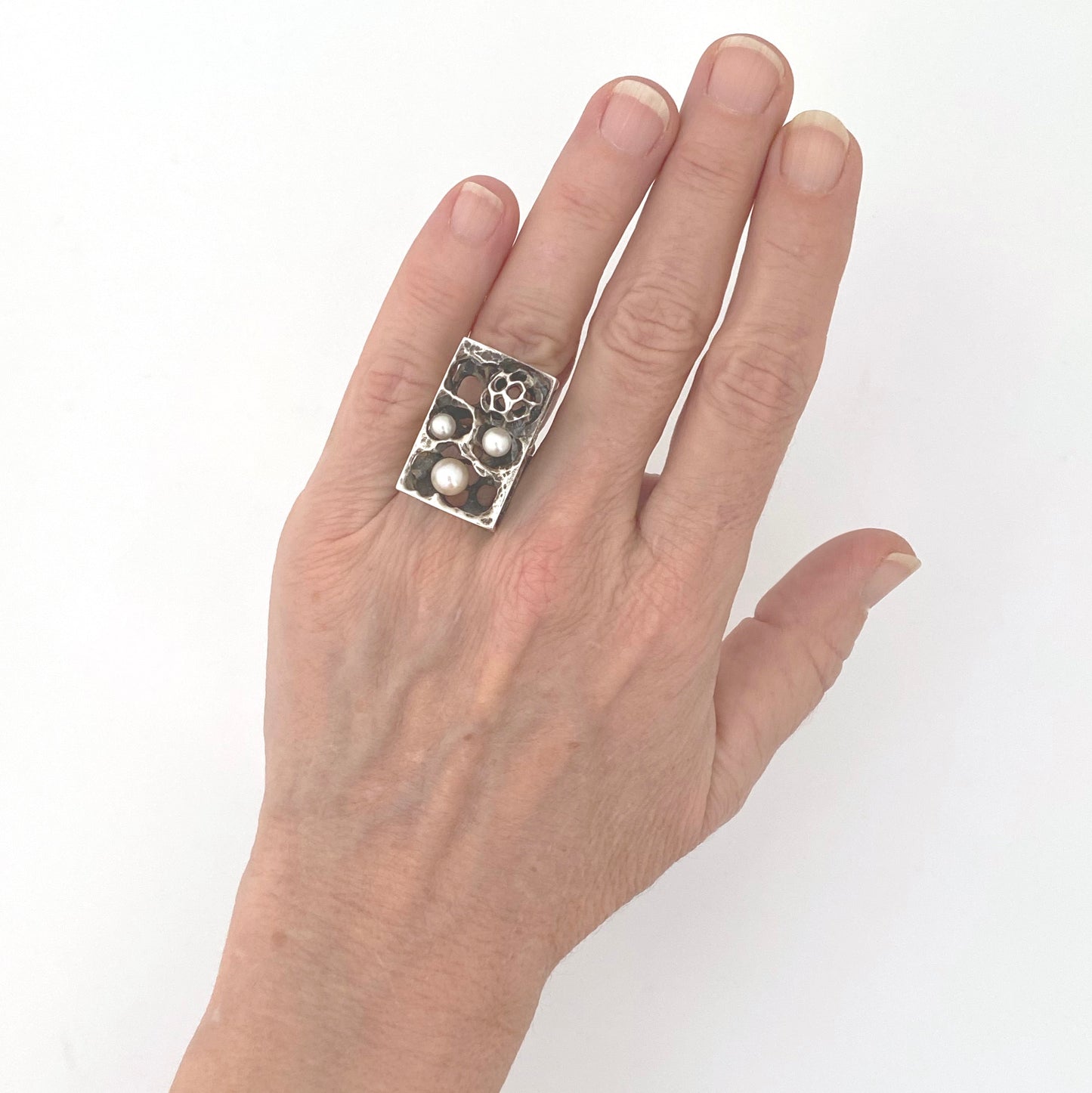 scale vintage silver pearl large brutalist openwork ring Modernist design jewelry