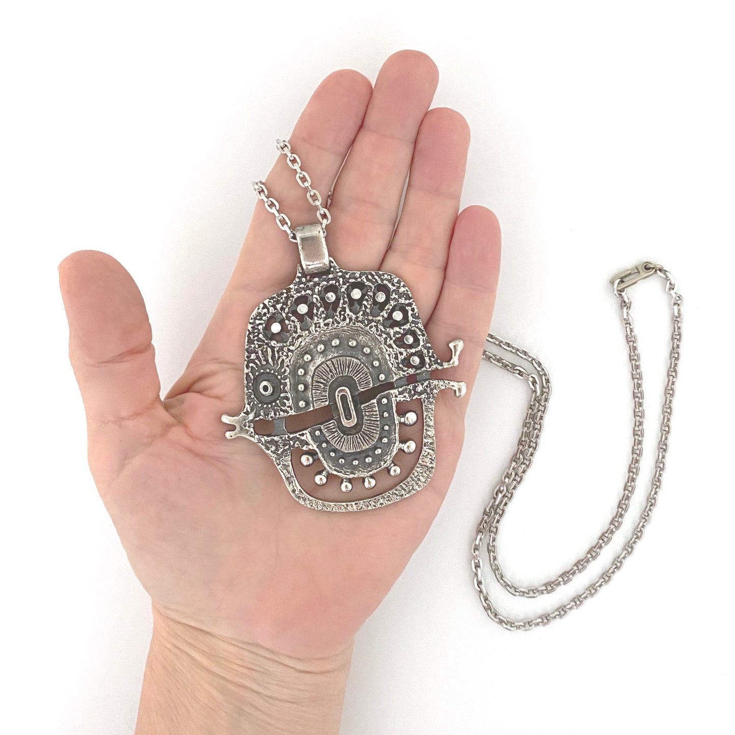 scale Guy Vidal Canada vintage brutalist pewter large fish pendant necklace Canadian Modernist jewelry design