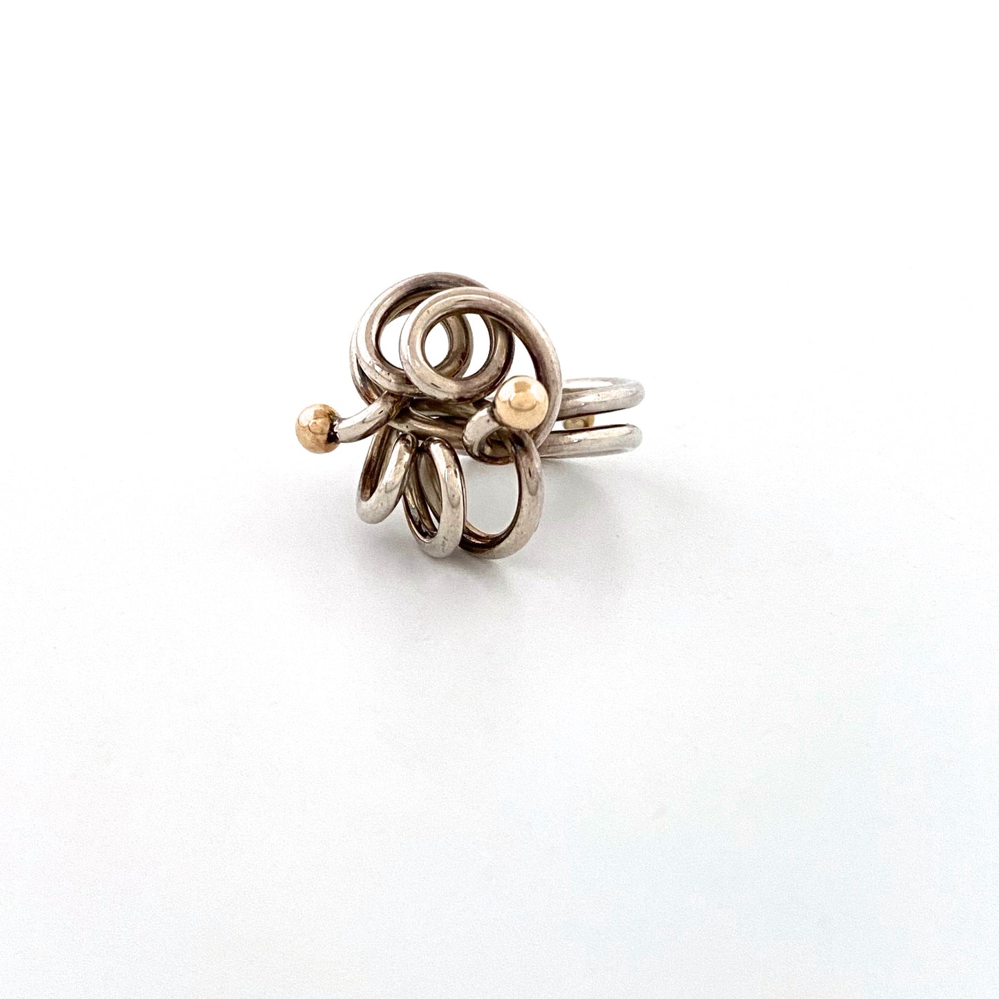 detail vintage silver 14k gold swirls ring signed Postmodern jewelry design