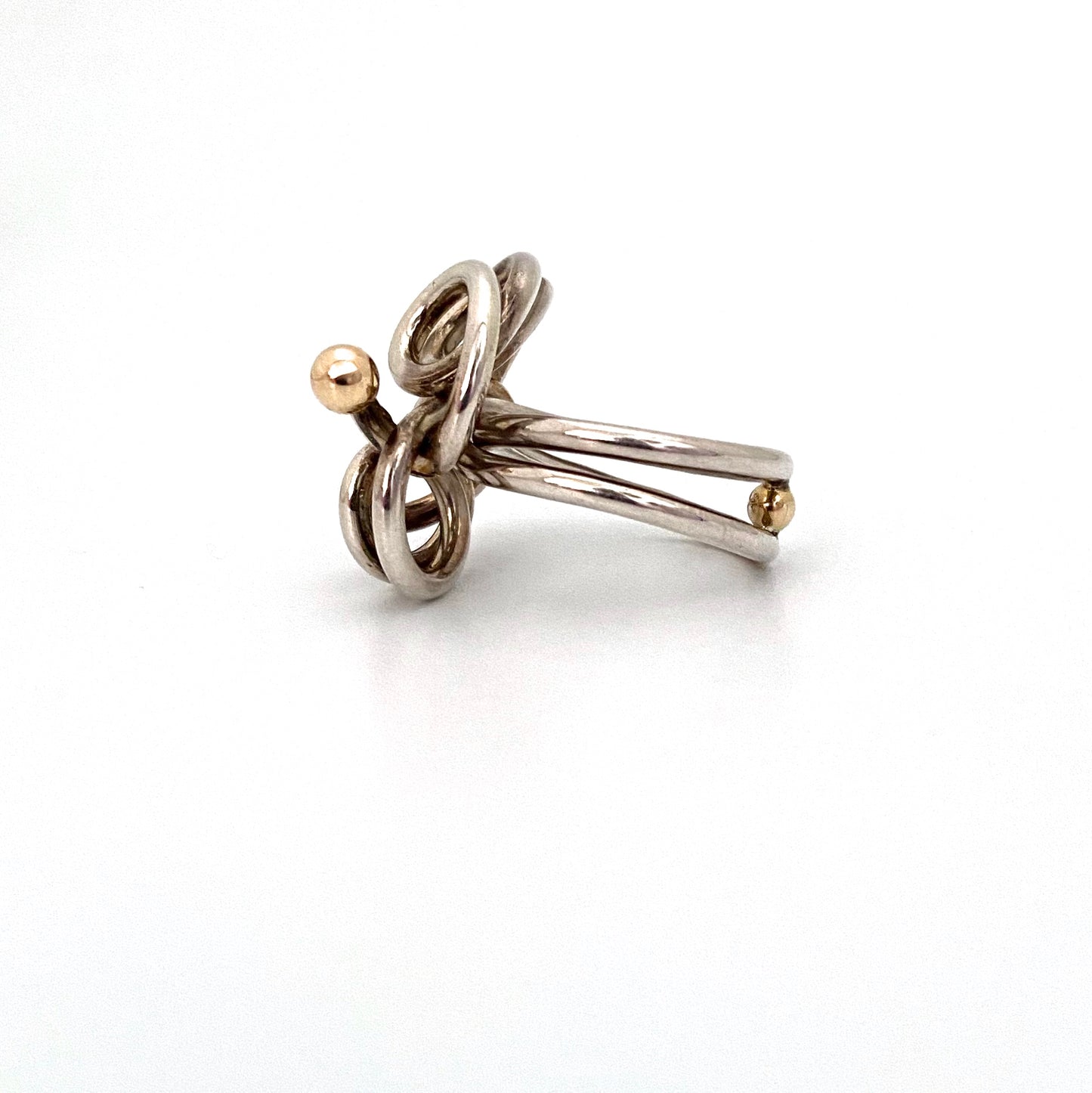 profile vintage silver 14k gold swirls ring signed Postmodern jewelry design