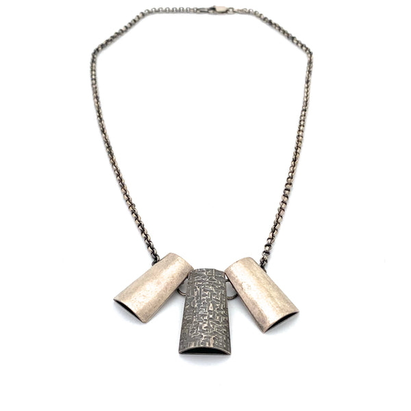 three part textured & dimensional silver necklace