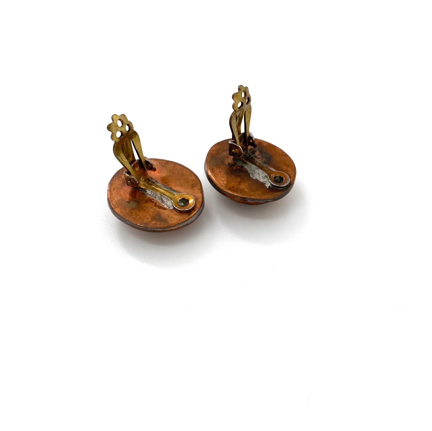 Rafael Canada round copper earrings ~ mottled amber & green