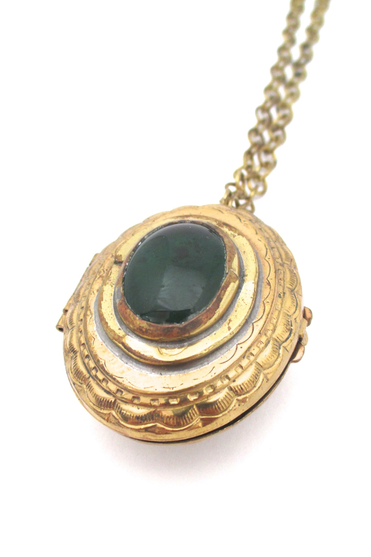 detail Rafael Alfandary Canada vintage brass 2 sided green black locket necklace