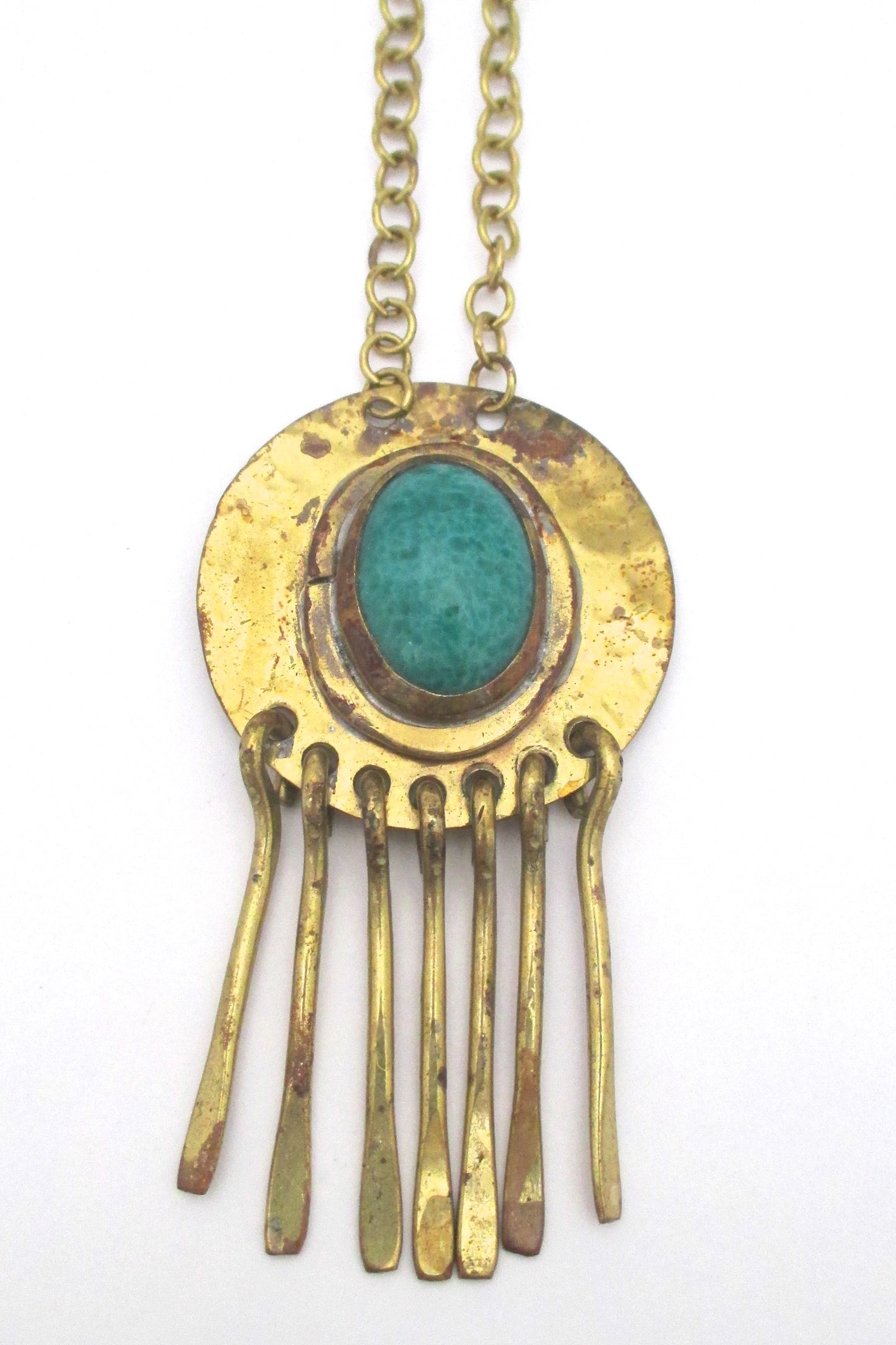 detail Rafael Alfandary Canada vintage brass mottled green glass fringe necklace