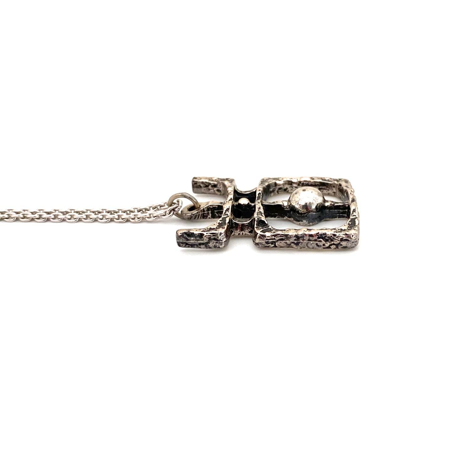 profile Guy Vidal Canada vintage brutalist pewter openwork sphere square pendant necklace