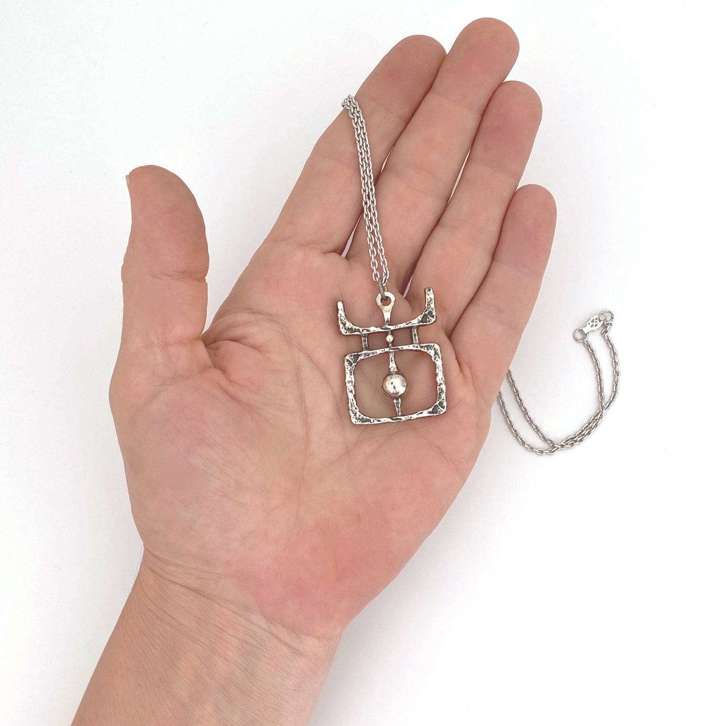 scale Guy Vidal Canada vintage brutalist pewter openwork sphere square pendant necklace