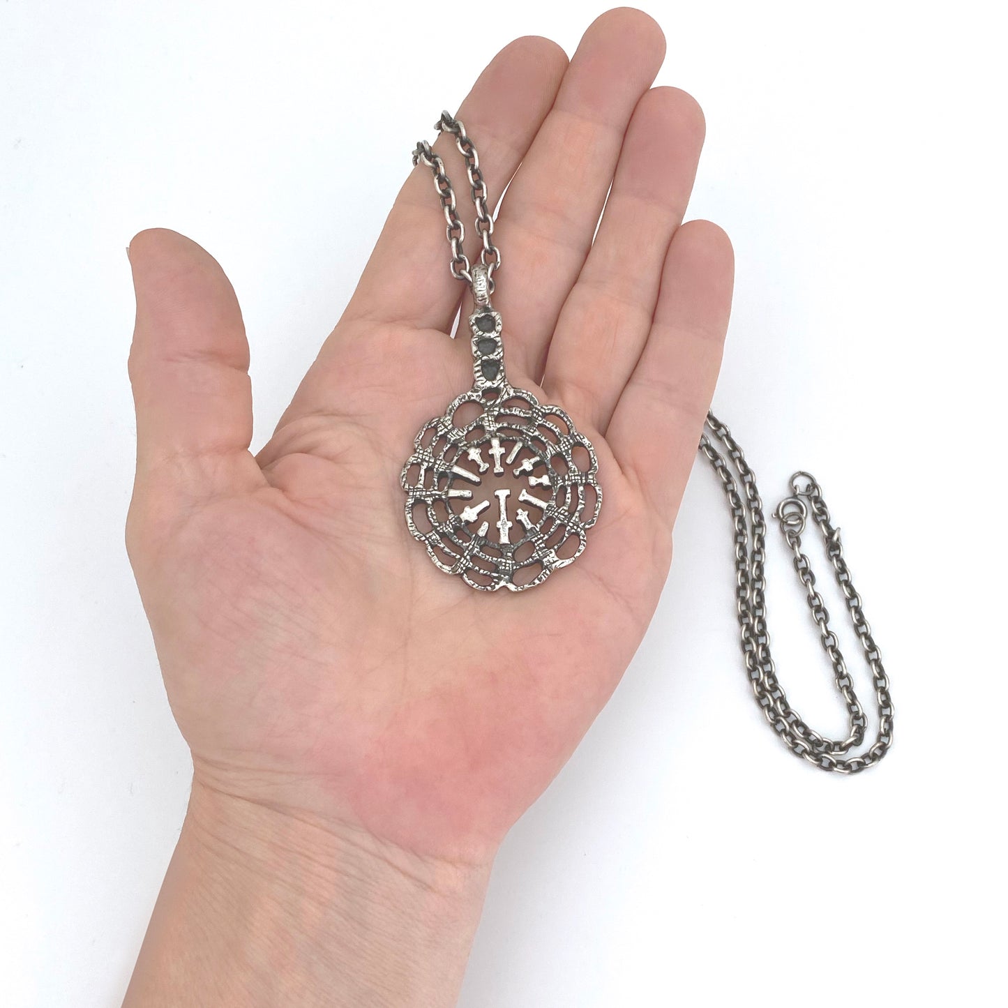 scale Robert Larin Canada vintage brutalist pewter openwork pendant necklace