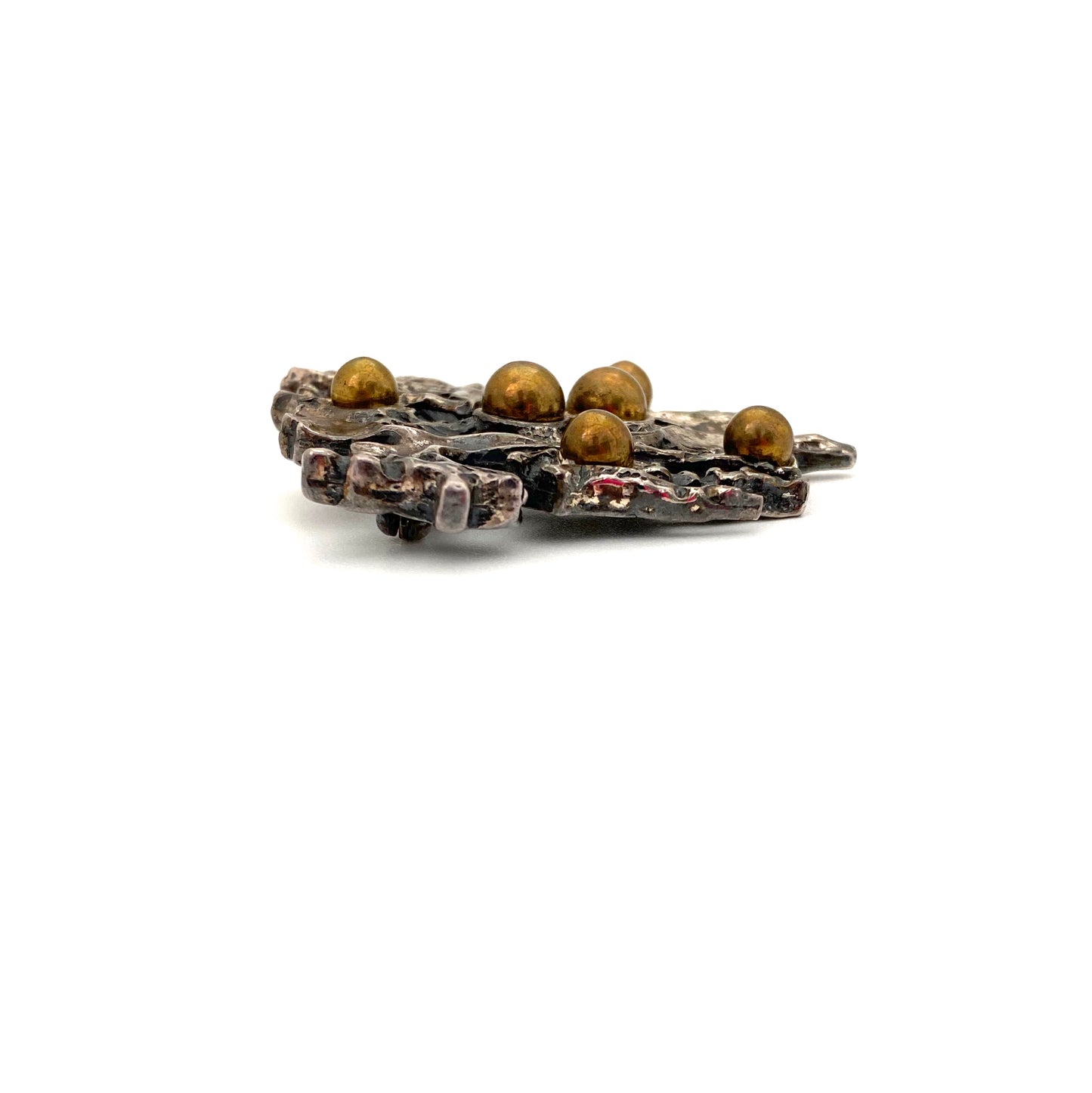 profile Robert Larin Canada vintage textured brutalist pewter openwork brooch bronze spheres