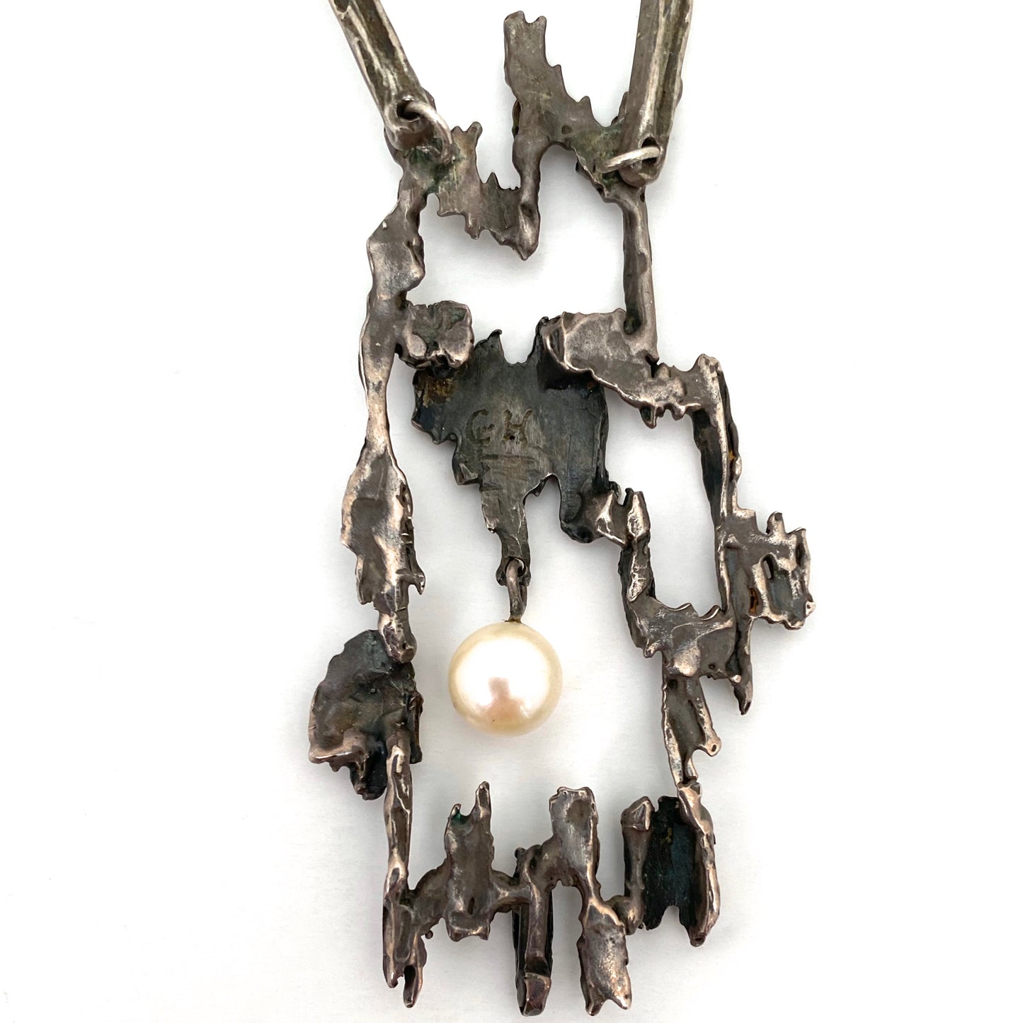 large pierced textured silver pendant necklace ~ kinetic pearl