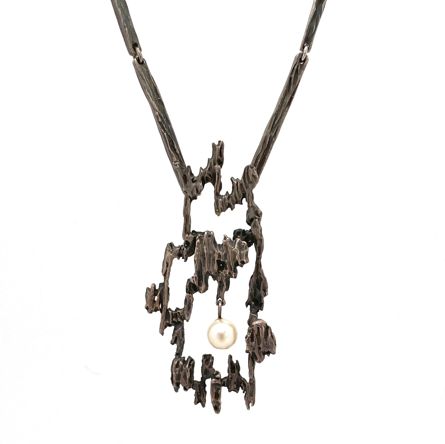 detail large vintage textured pierced silver brutalist pendant necklace with pearl Modernist jewelry design