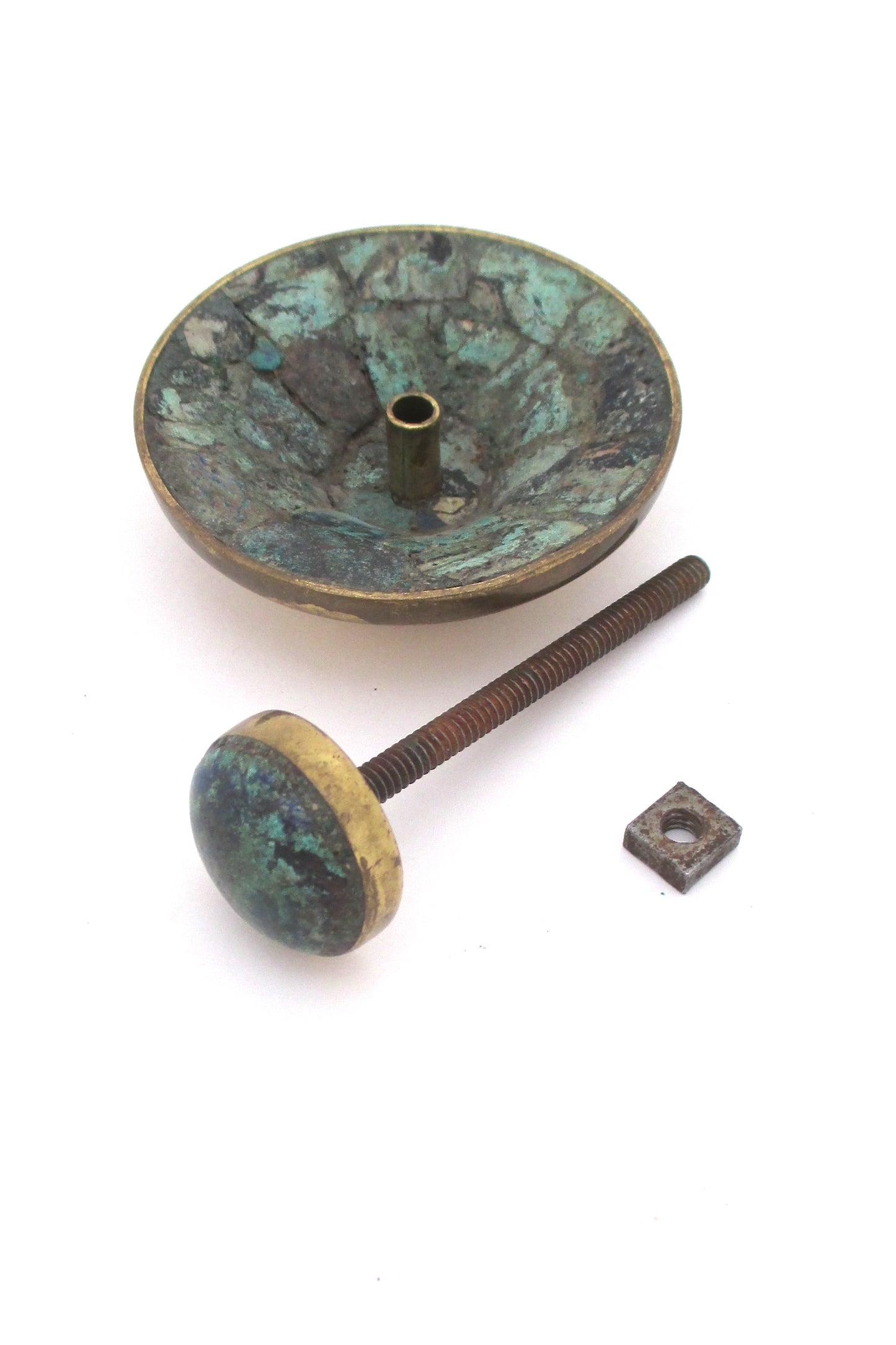 los Castillo inlaid brass & stone 2 part drawer or door pulls - set of 3