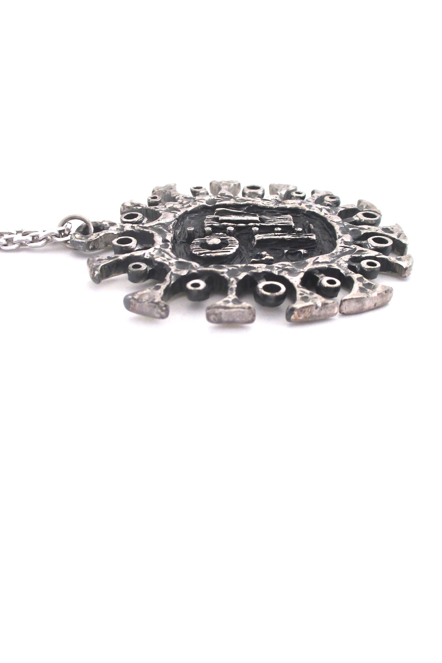 profile Guy Vidal Canada vintage brutalist pewter 'brutalist sun' large pendant necklace