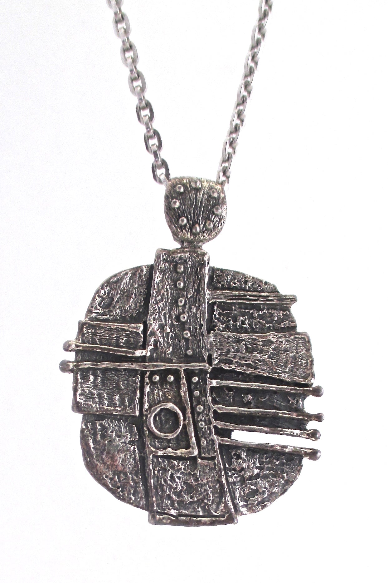 detail Guy Vidal Canada vintage brutalist pewter dots and stripes large pendant necklace