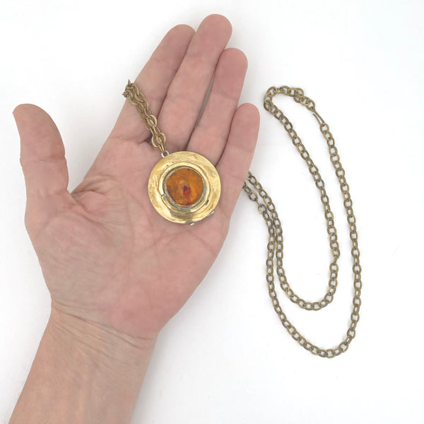 scale Rafael Alfandary Canada vintage brass amber glass locket necklace