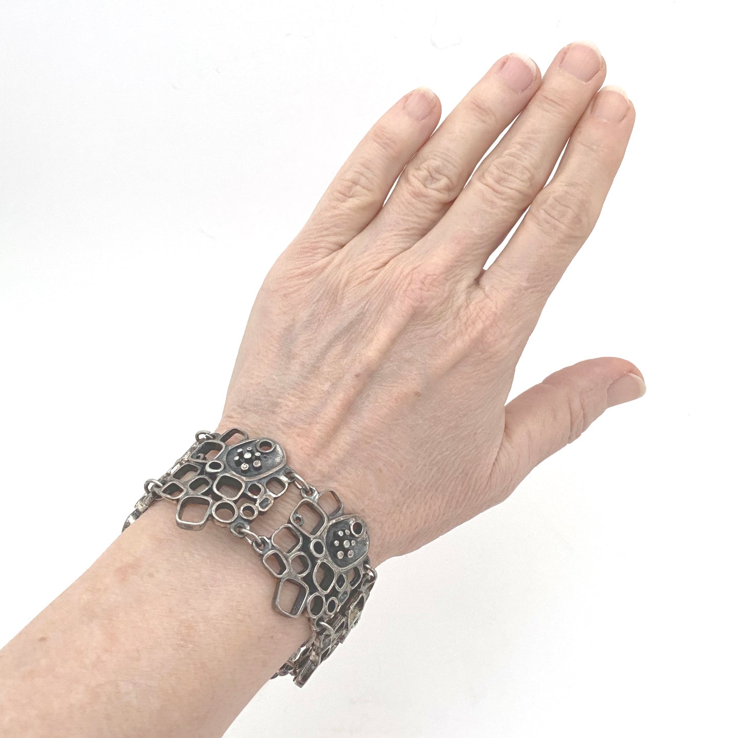 Guy Vidal brutalist openwork pewter panel link bracelet ~ shadowbox motif