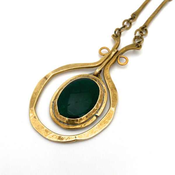 detail Rafael Alfandary Canada vintage brass classic kinetic pendant necklace clear dark green glass stone