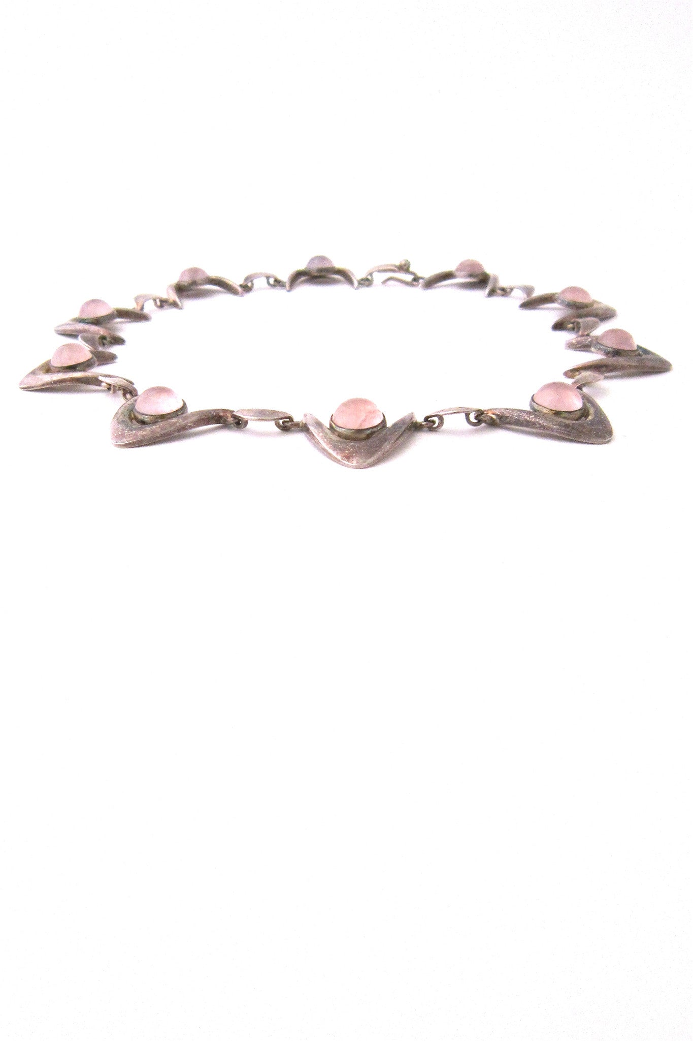 Arne Johansen, Denmark sterling silver & rose quartz modernist boomerang necklace
