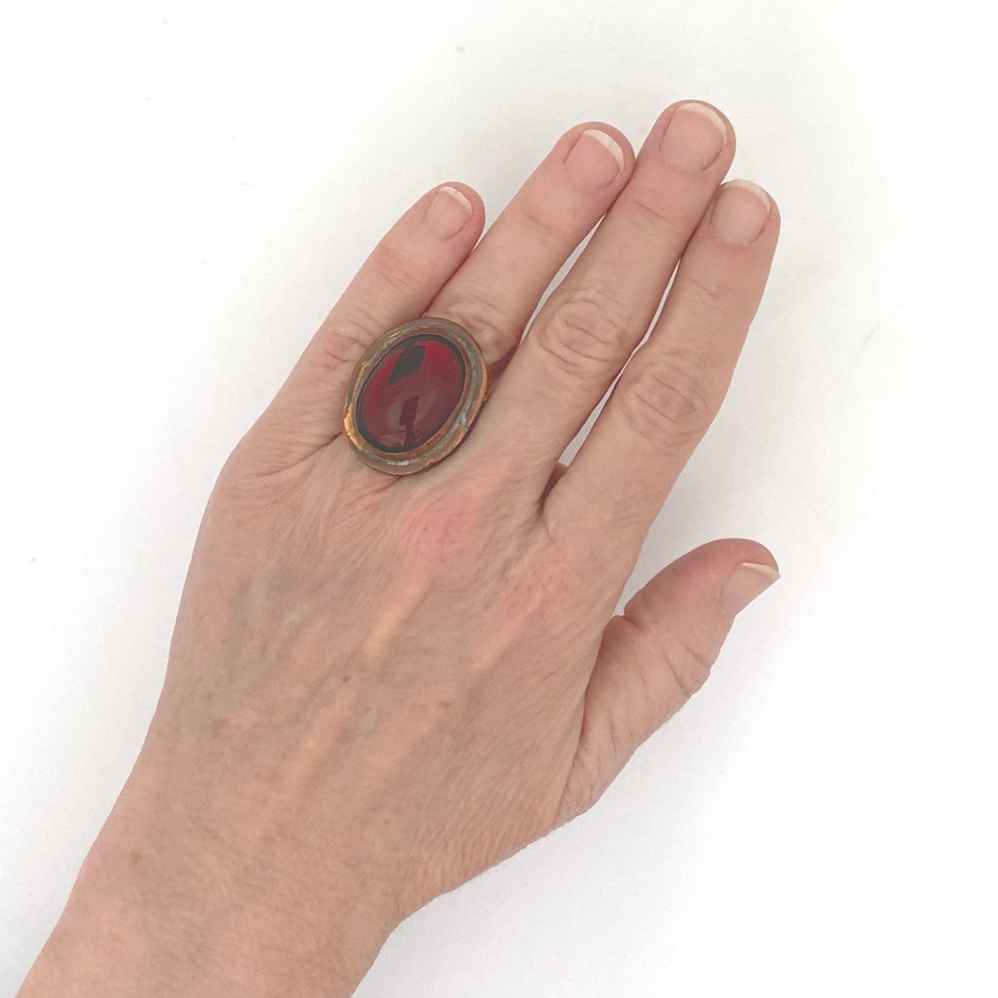 scale Rafael Alfandary Canada vintage copper mirrored dark amber glass oval ring