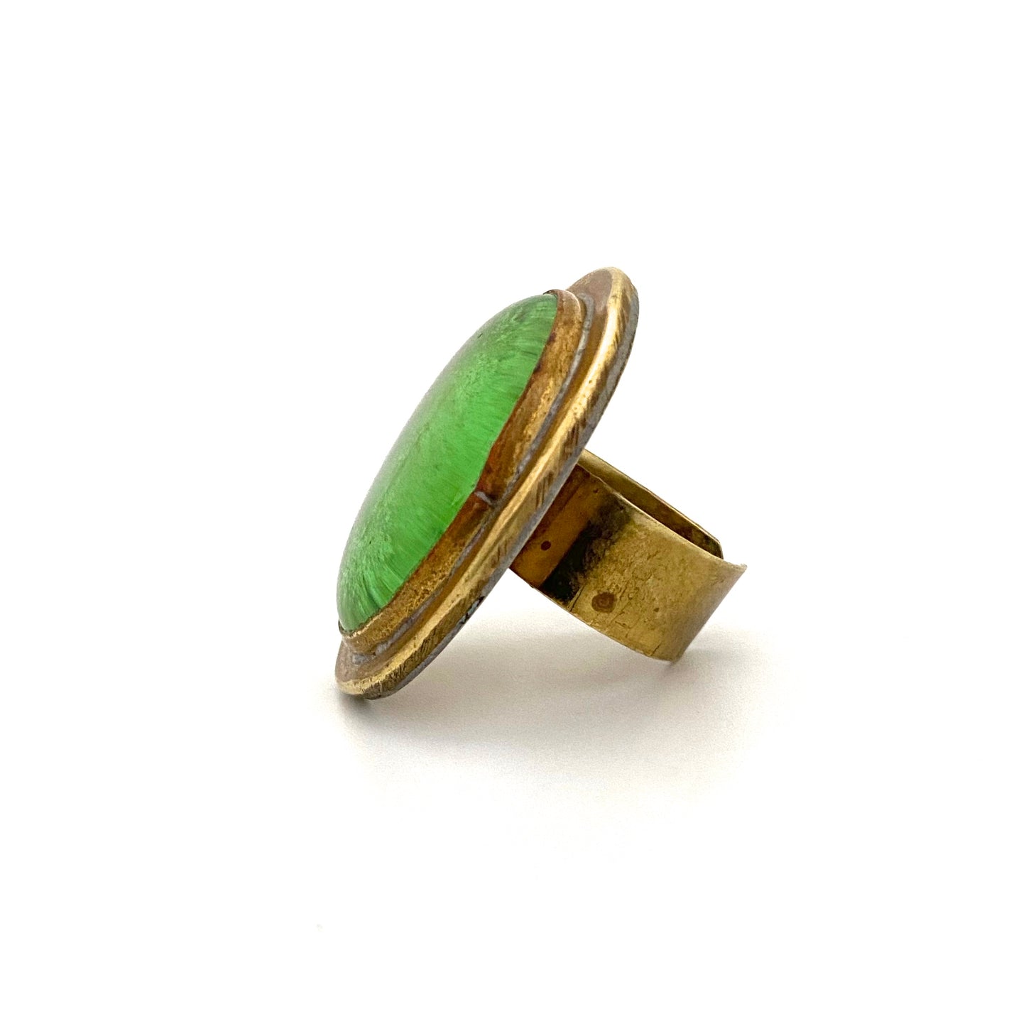profile Rafael Alfandary Canada vintage brutalist large brass oval ring clear light green glass stone