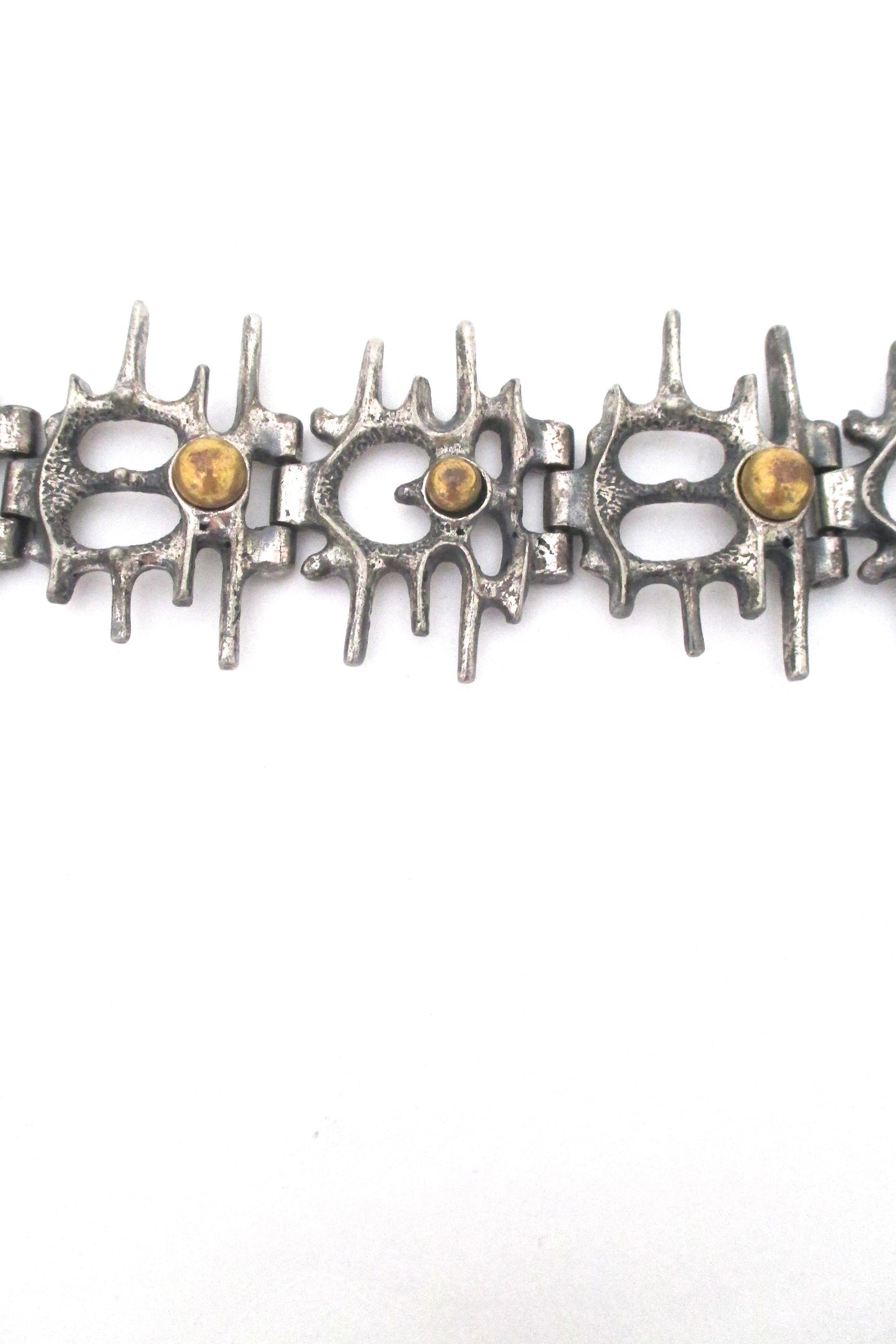 detail Robert Larin Canada vintage brutalist pewter openwork link bracelet with bronze spheres