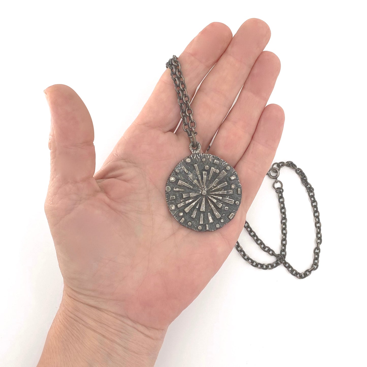 scale Robert Larin Canada vintage brutalist pewter round starburst pendant necklace