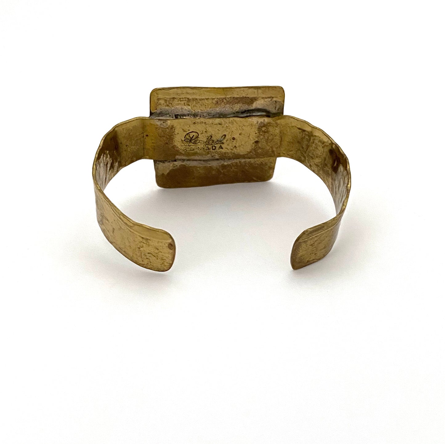 Rafael Canada brass cuff bracelet ~ clear grass green round cabochon
