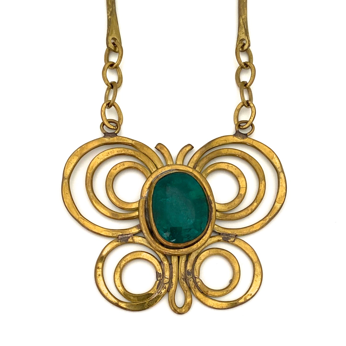 Rafael Canada large brass butterfly necklace ~ clear dark green