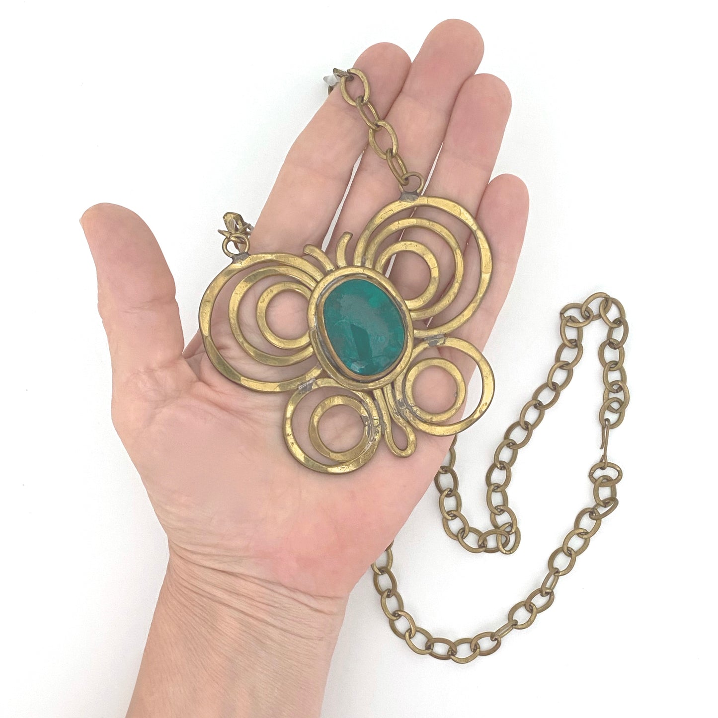 scale Rafael Alfandary Canada vintage brutalist brass large butterfly necklace clear dark green