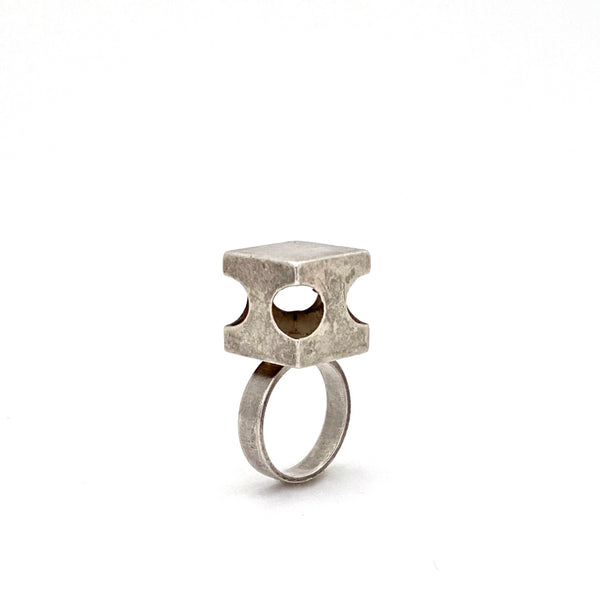 profile Kaunis Koru Finland vintage silver large pierced cube ring Helga Narsakka 1970 Scandinavian Modernist jewelry design