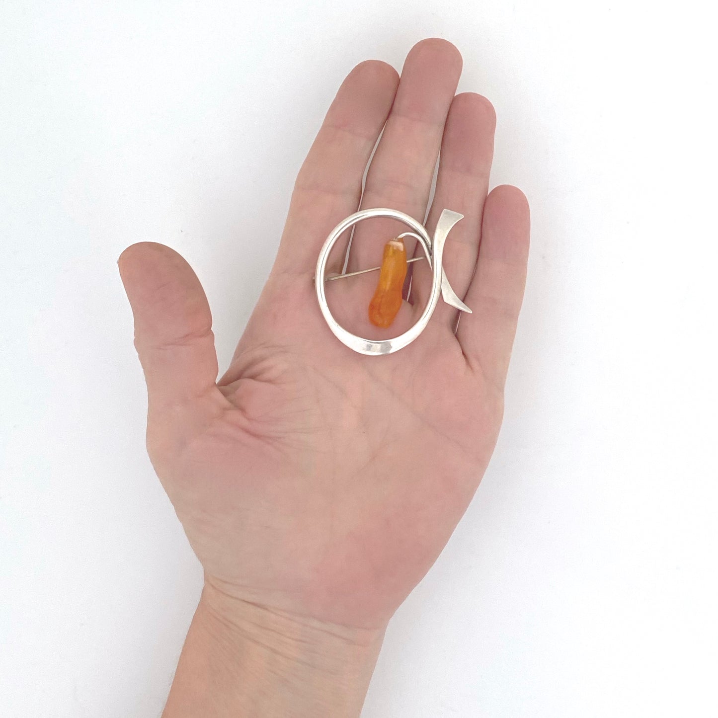 scale Brødrene Bjorklun Denmark vintage silver amber brooch Scandinavian Modernist jewelry design