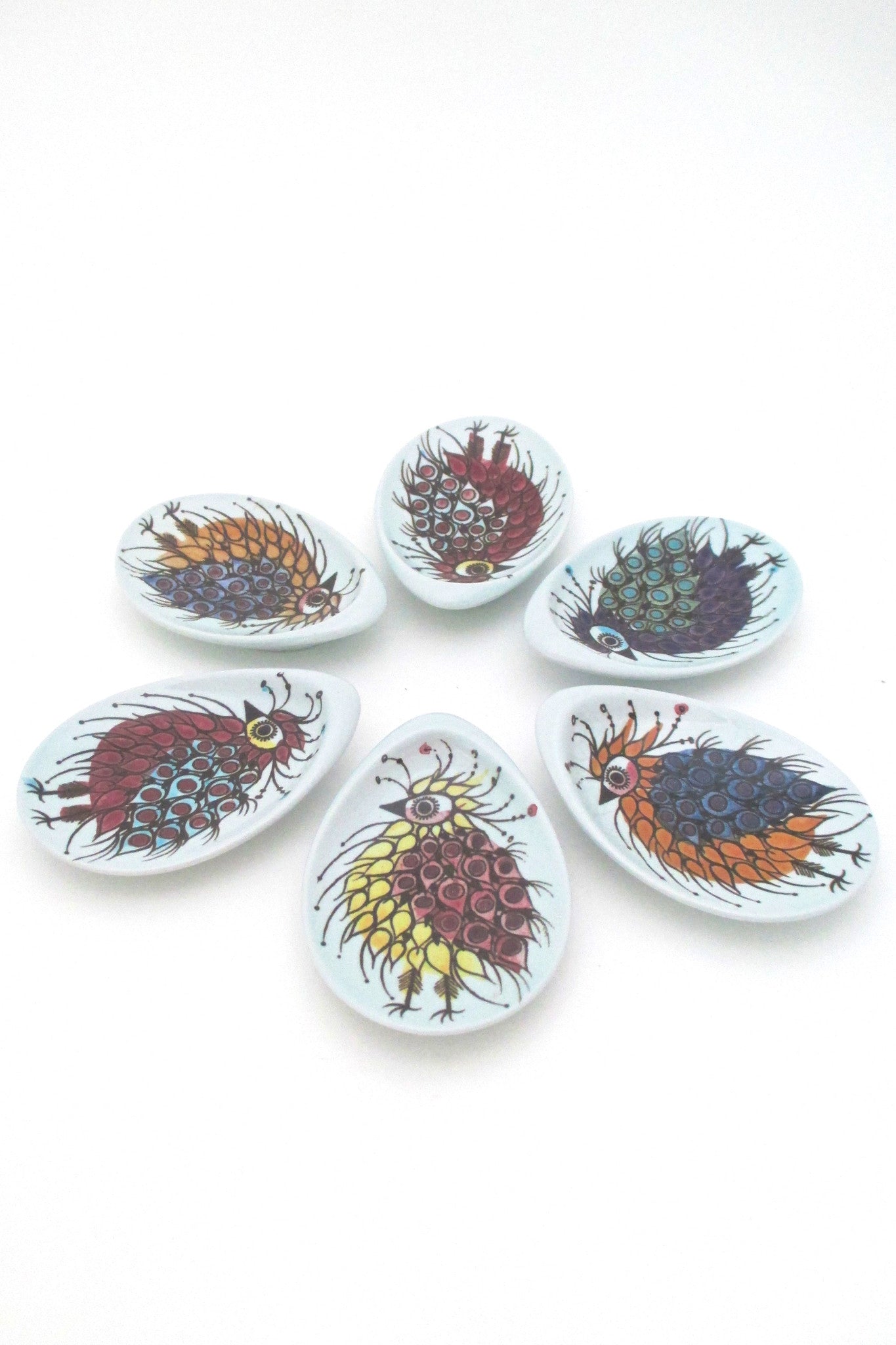 detail Royal Copenhagen Denmark Tenera faience Aluminia bird dishes by Beth Breyen set of 6
