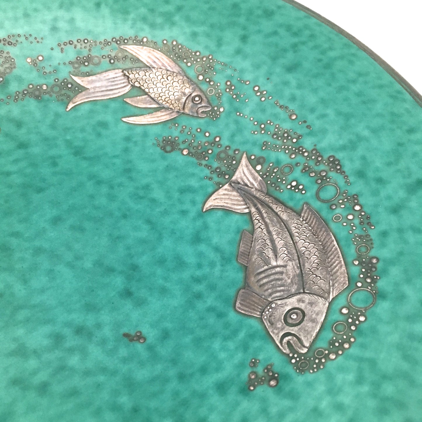 decoration detail Gustavsberg Sweden large vintage ceramic Argenta charger dish by Wilhelm Kage