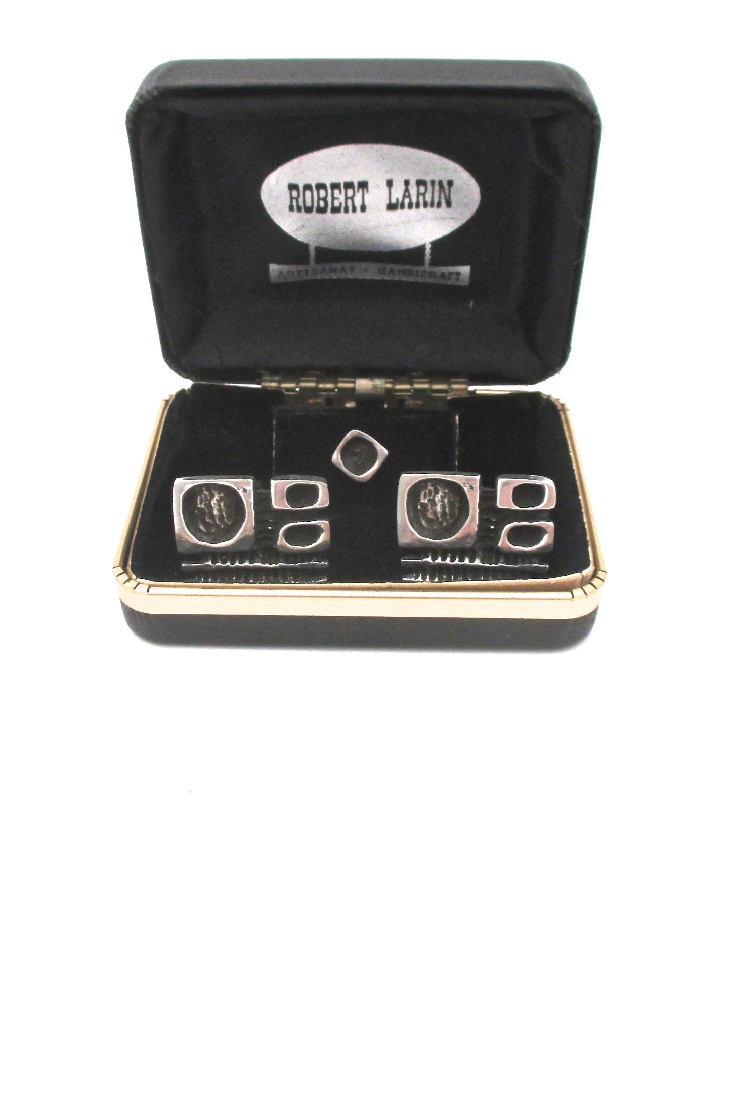detail Robert Larin Canada vintage brutalist pewter large cufflinks tie tack set original box 1