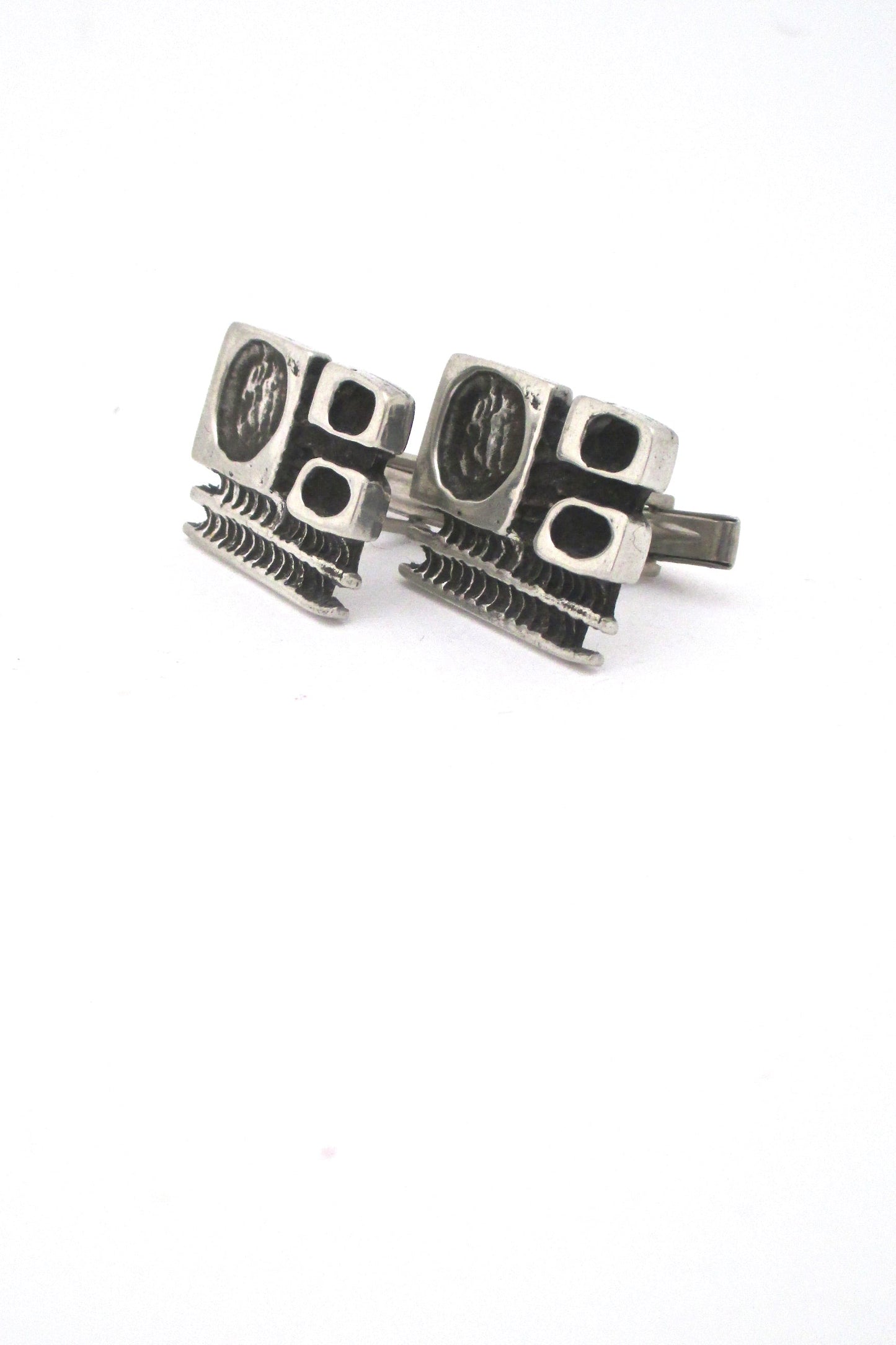 profile Robert Larin Canada vintage brutalist pewter large cufflinks tie tack set original box 1