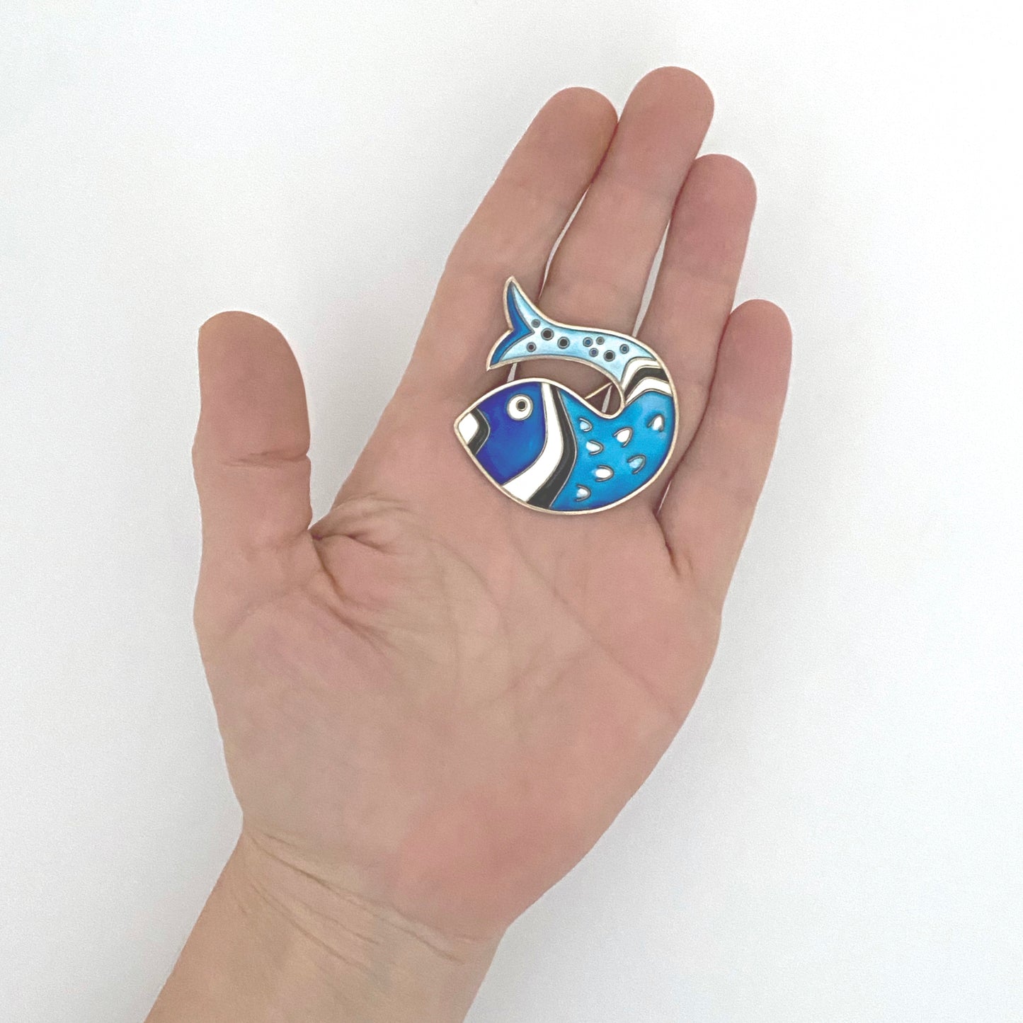 scale David-Andersen Norway vintage silver enamel fish brooch blue Scandinavian Modernist jewelry design