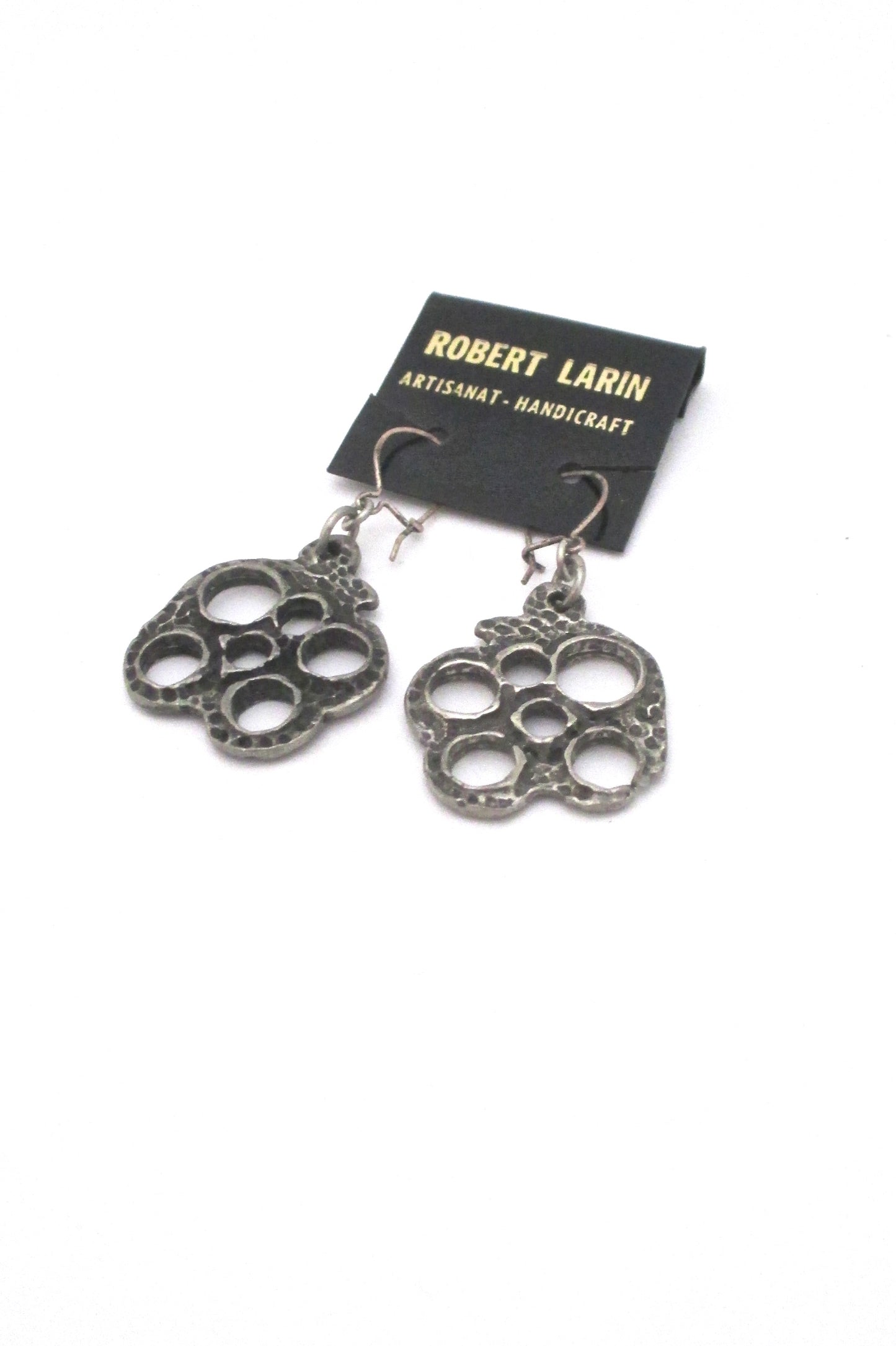 Robert Larin brutalist pewter drop earrings #367 on original card