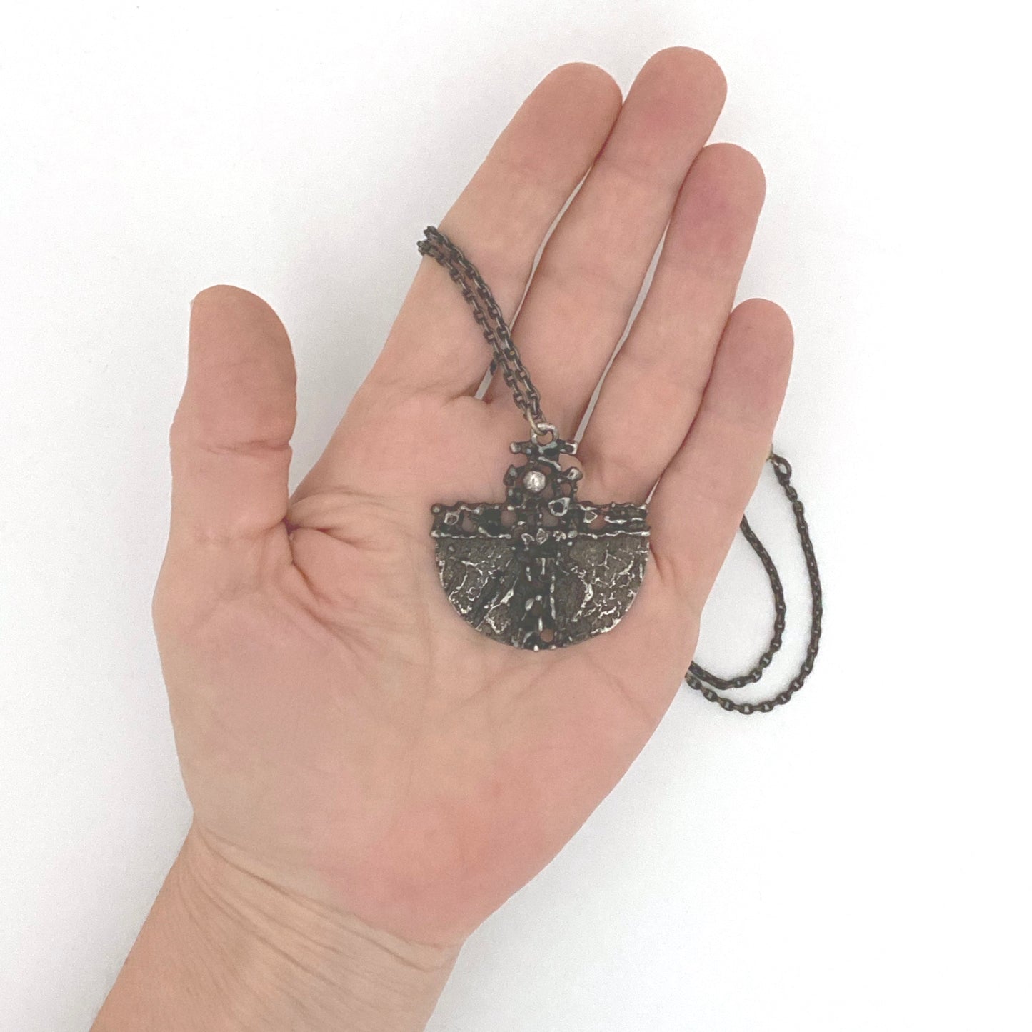 scale Guy Vidal Canada vintage brutalist textured pewter openwork pendant necklace Modernist jewelry design
