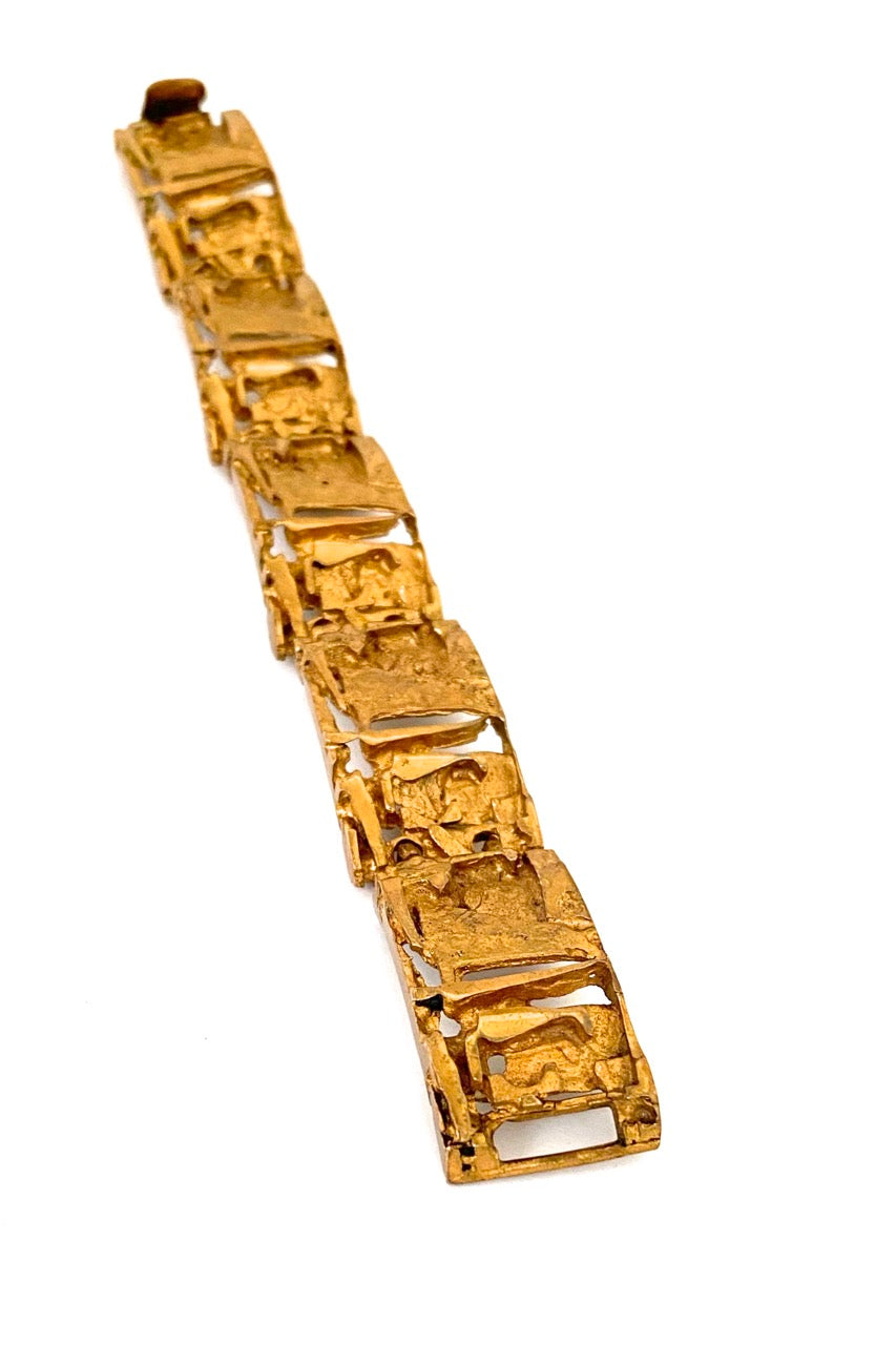 Jorma Laine Finland vintage gilt bronze brutalist panel link bracelet Scandinavian Modern jewelry design