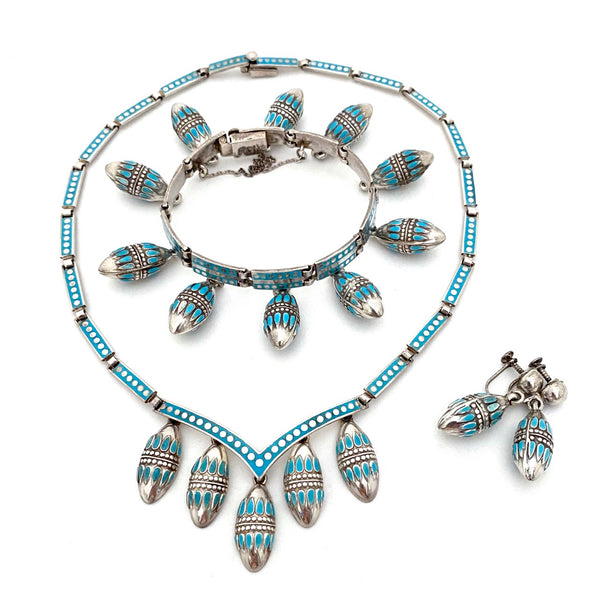 suite Margot Van Voorhies Carr (Margot do Taxco) Mexico vintage silver sky blue enamel kinetic necklace modernist jewelry design