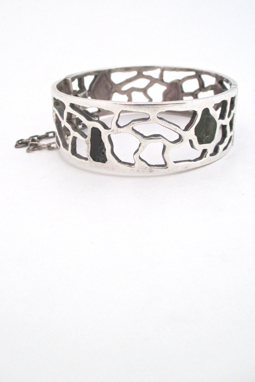 Miguel Melendez Mexico vintage sterling silver malachite mosaico hinged bracelet mid century