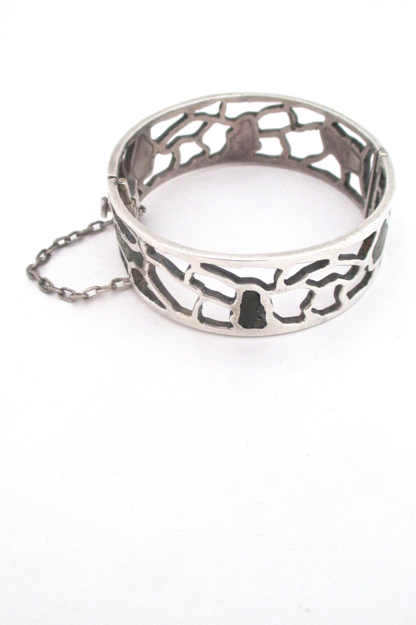 profile Miguel Melendez Mexico vintage sterling silver malachite mosaico hinged bracelet mid century