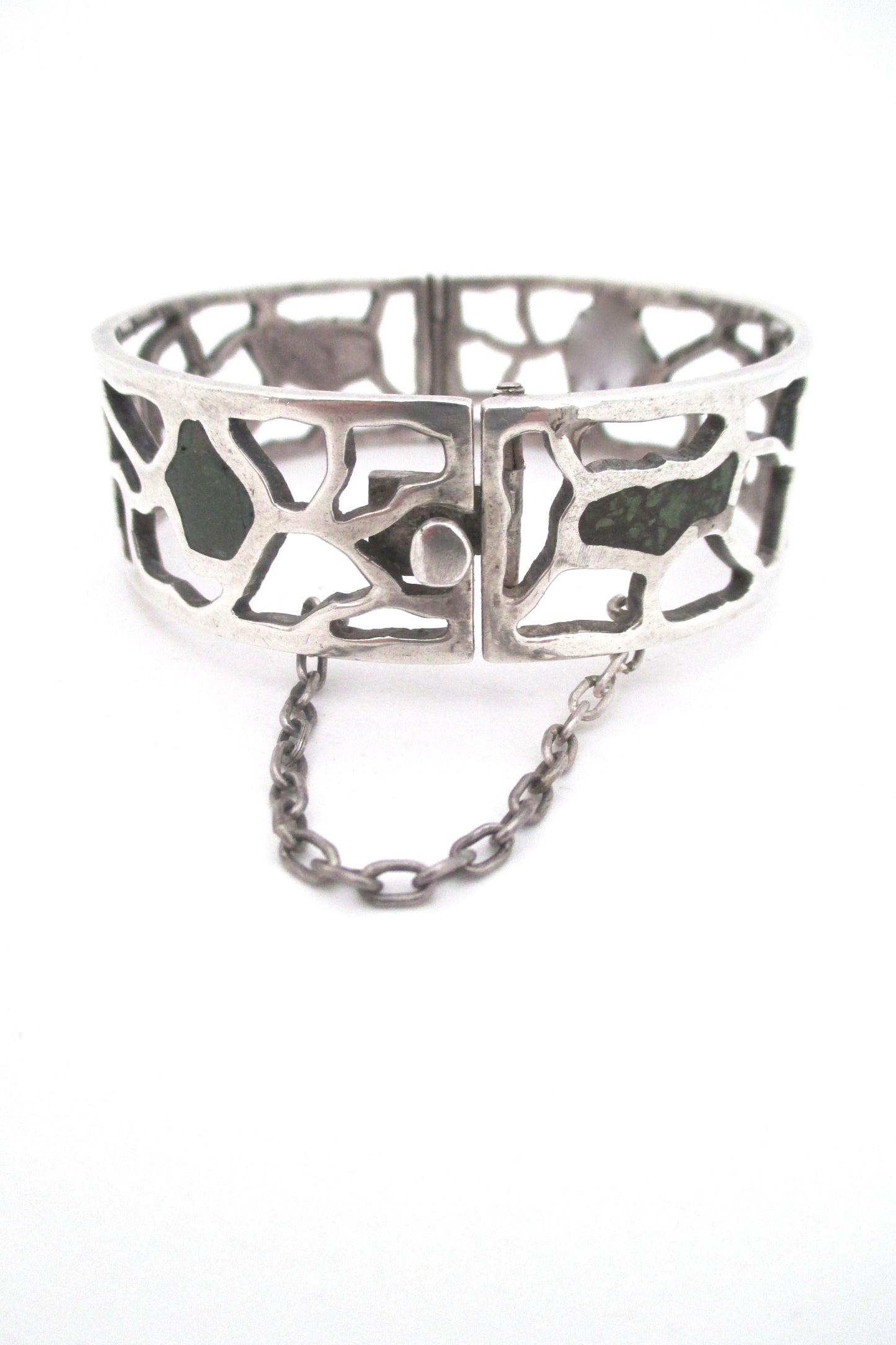 detail Miguel Melendez Mexico vintage sterling silver malachite mosaico hinged bracelet mid century