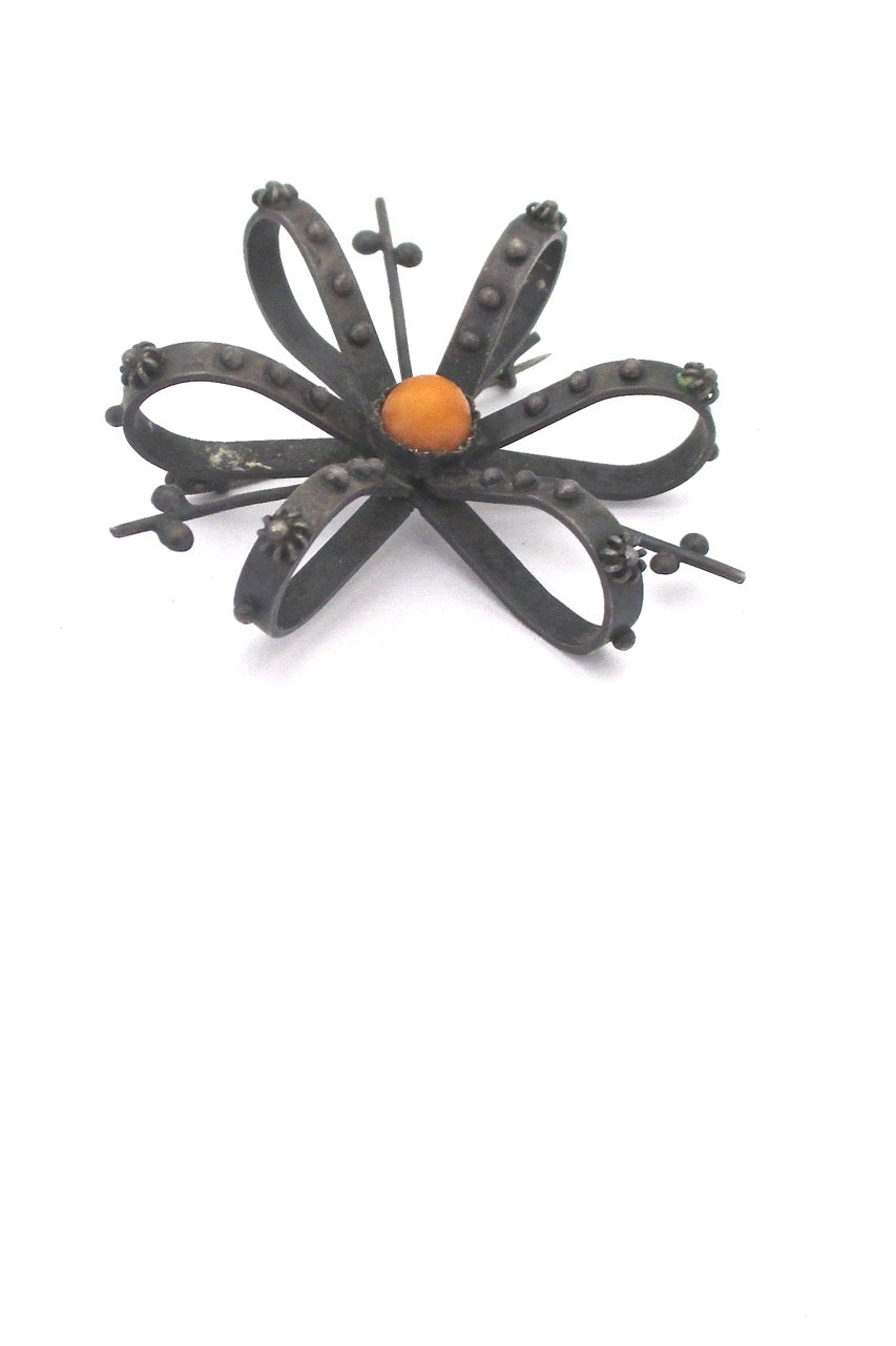 ORNO Poland vintage mid century starburst metal amber brooch 1960s