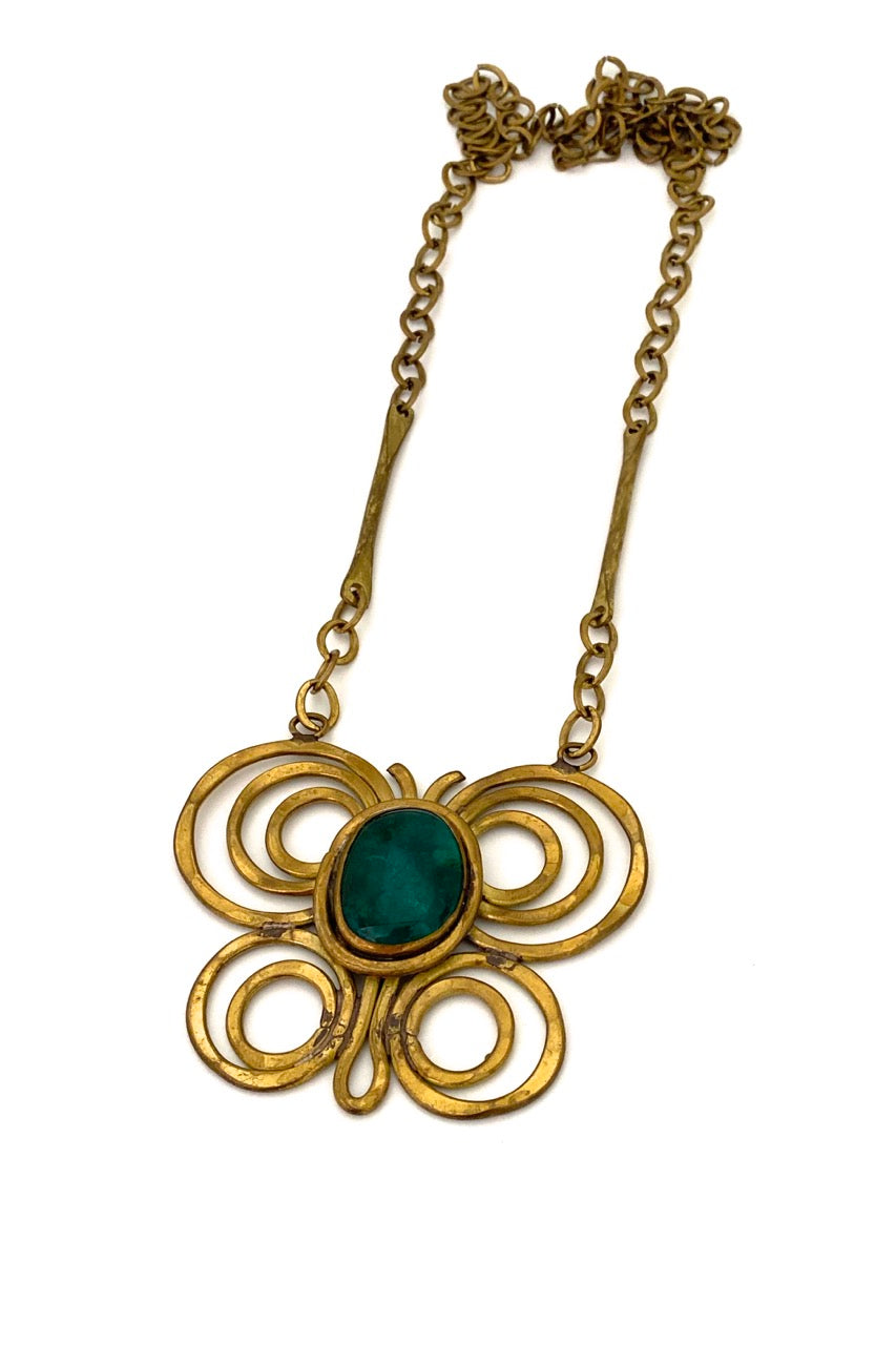 Rafael Alfandary Canada vintage brutalist brass large butterfly necklace clear dark green