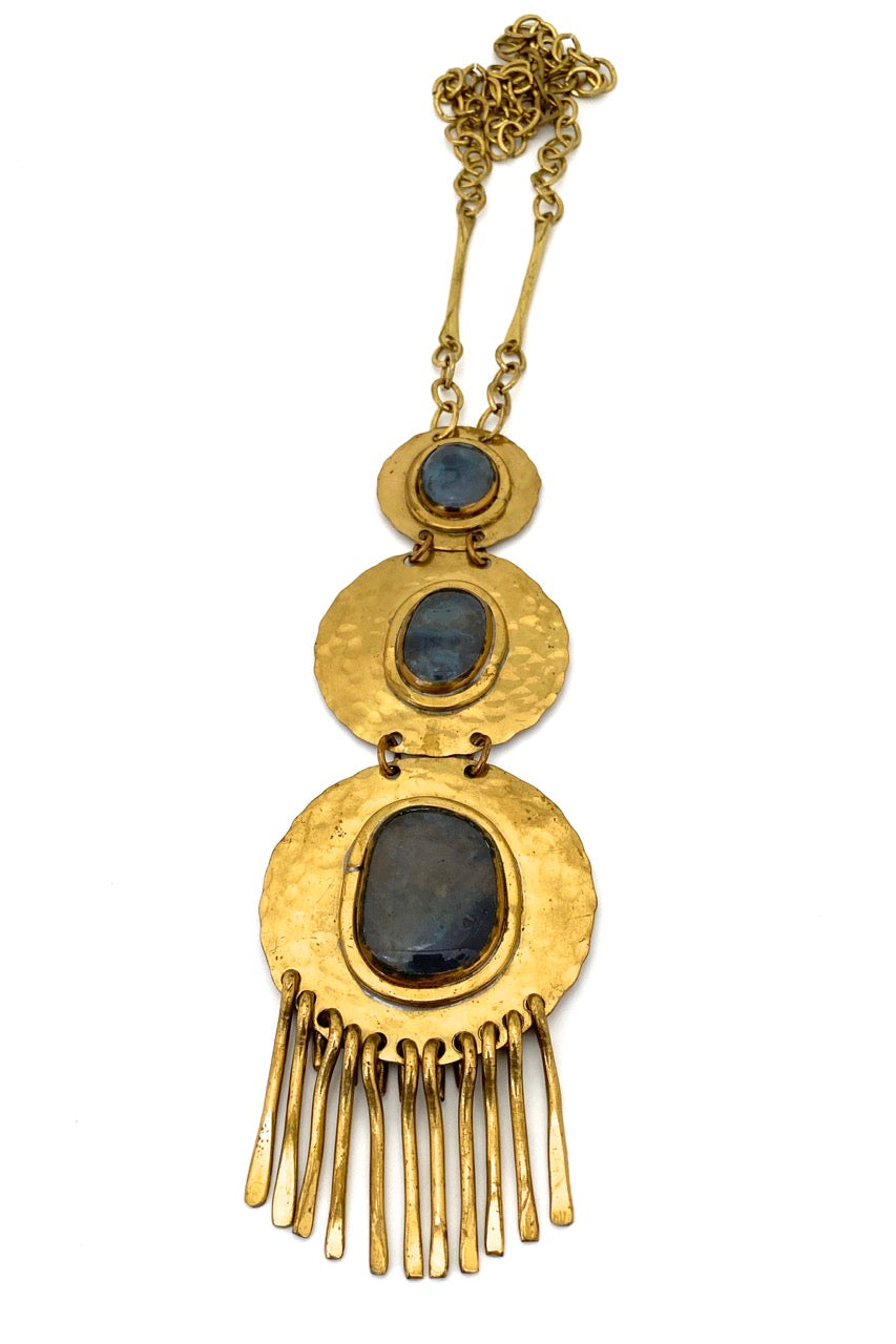 Rafael Alfandary Canada vintage extra large brutalist brass fringe necklace three stone blue grey