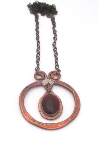 Rafael Alfandary Canada vintage brutalist copper ruby glass kinetic pendant necklace