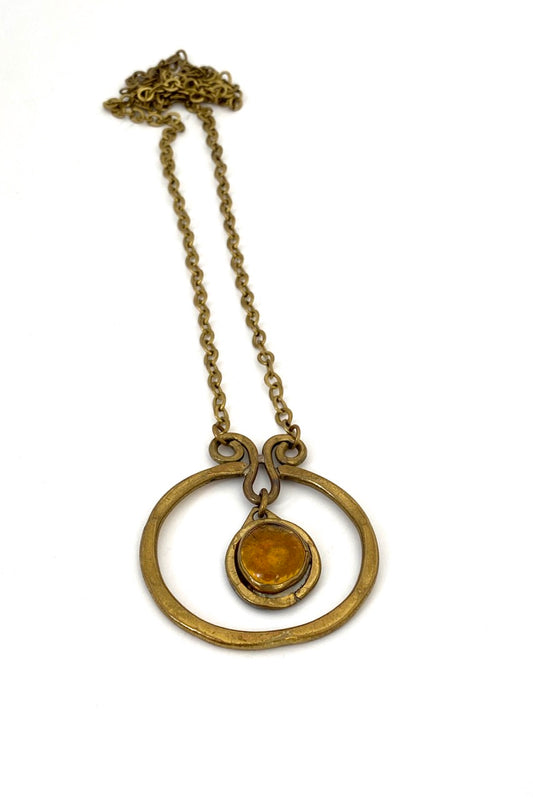 Rafael Alfandary Canada vintage brass amber glass kinetic necklace Modernist jewelry design
