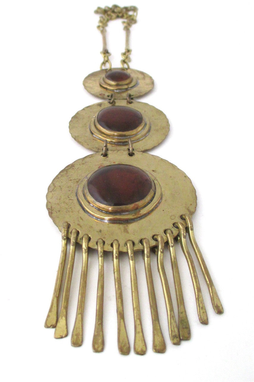Rafael Alfandary Canada vintage brass glass massive triple stone pendant necklace
